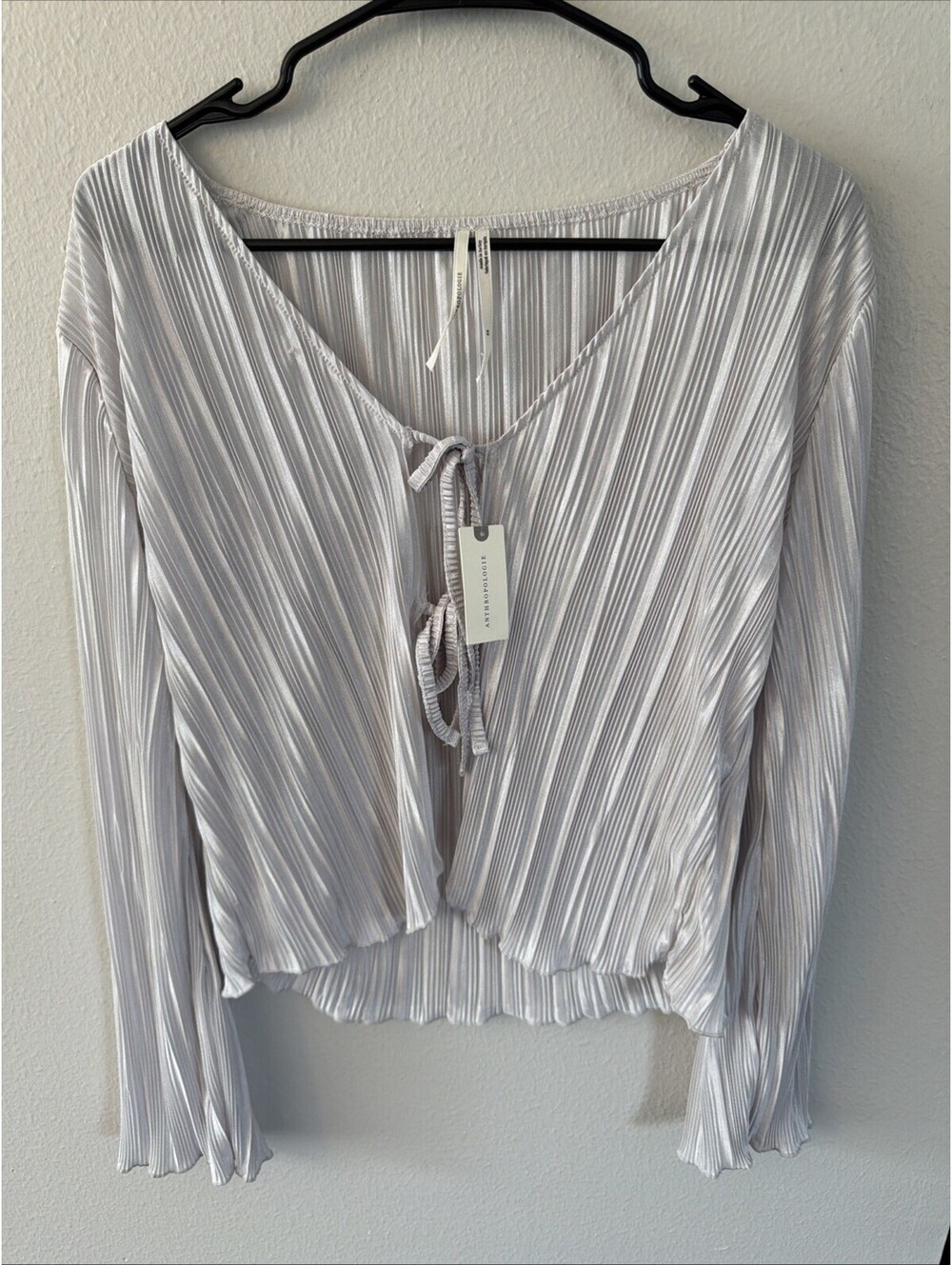 Anthropologie Grey Silver Sheer Plisse Long Sleeve Tie Front Top Size XSmall